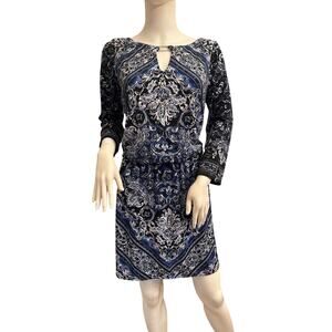 White House Black Market Navy Blue and White Long Sleeve Dress Medium
